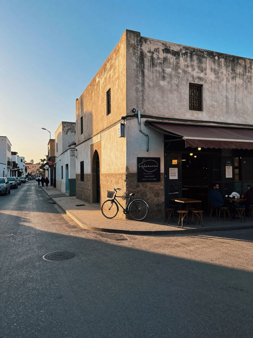 Casablanca Morocco Dawn Street Scene with Bicycle and Local Cafe Atmosphere in in Casablanca, Morocco