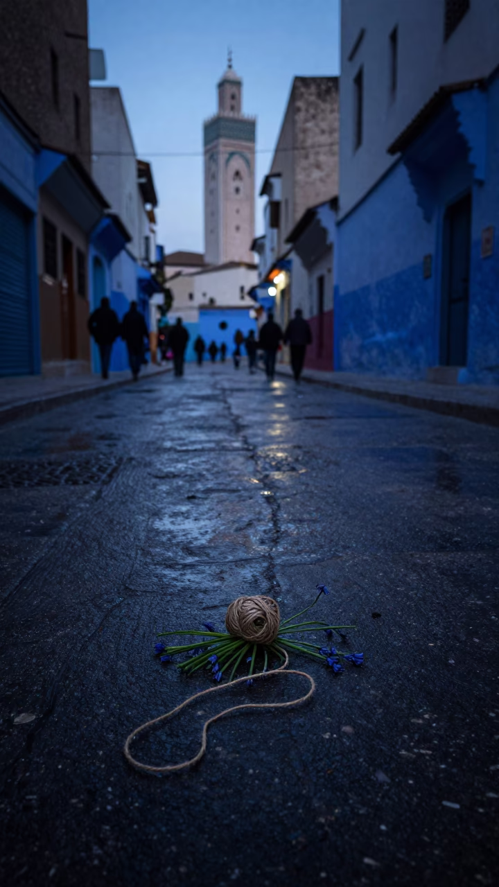 Casablanca Morocco Dawn Street Scene with Bluebells and Twine in in Casablanca, Morocco