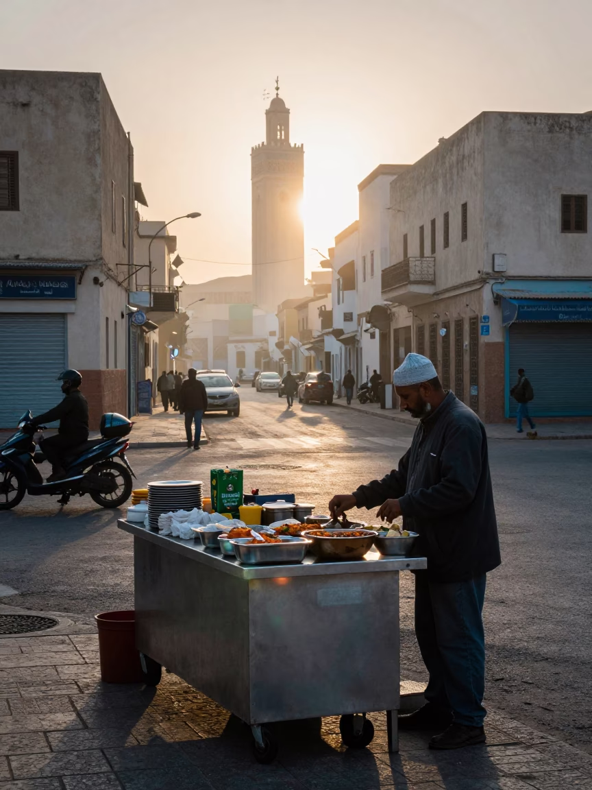 Casablanca Morocco Dawn Street Scene with Brushed Steel Tabletop and Stair Rail in in Casablanca, Morocco