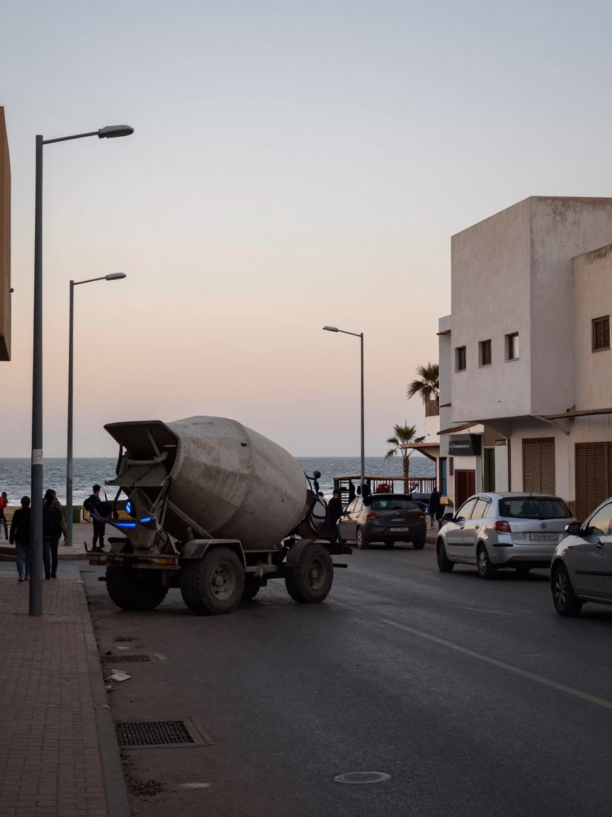 Casablanca Morocco Dawn Street Scene with Cement Mixer and Coastal Architecture in in Casablanca, Morocco
