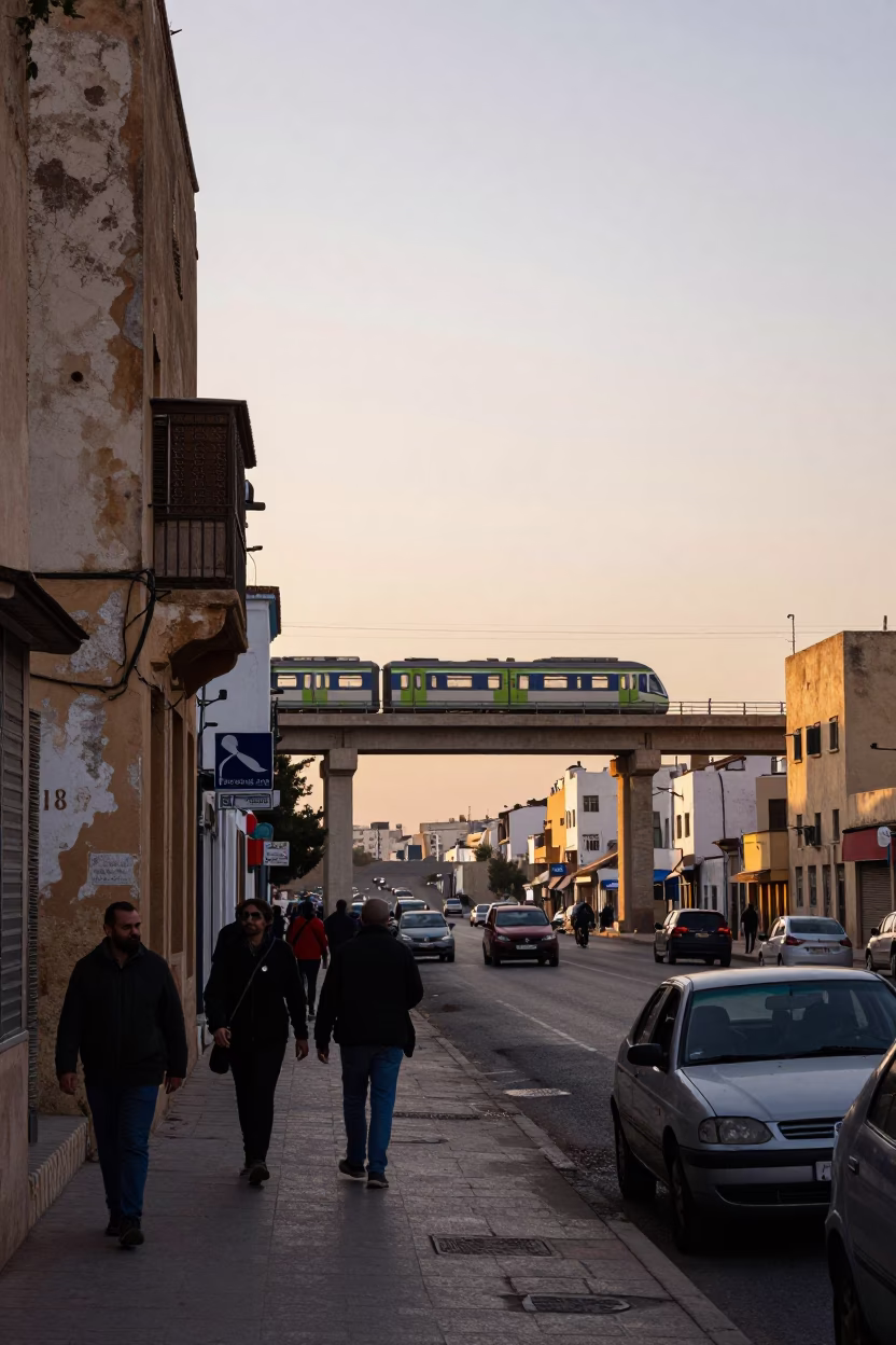 Casablanca Morocco Dawn Street Scene with Commuter Train Crossing Bridge in in Casablanca, Morocco