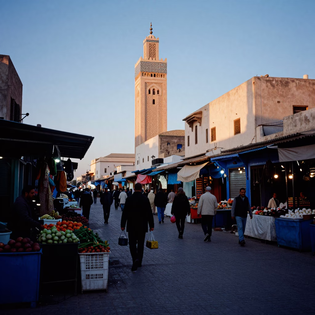 Casablanca Morocco Dawn Street Scene with Local Market Activity and Traditional Elements in in Casablanca, Morocco