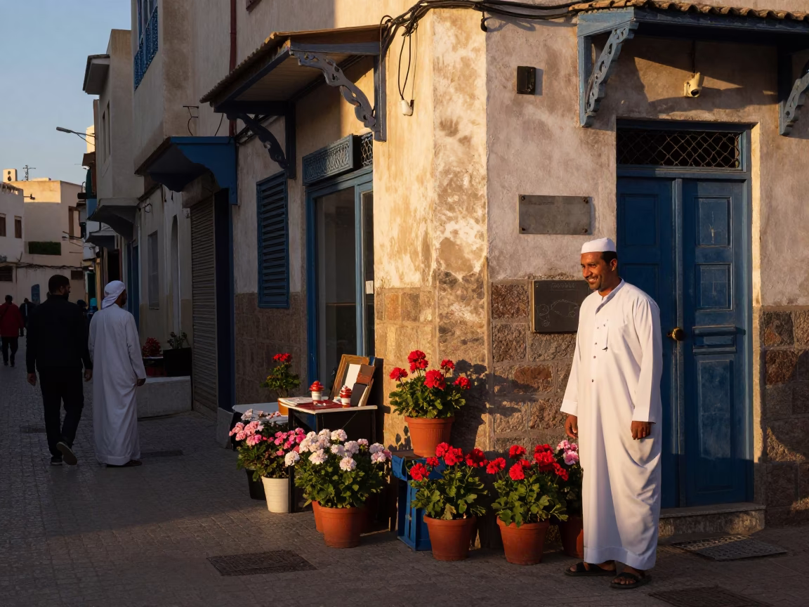 Casablanca Morocco Dawn Street Scene with Potted Geraniums and Glass Bottles in in Casablanca, Morocco