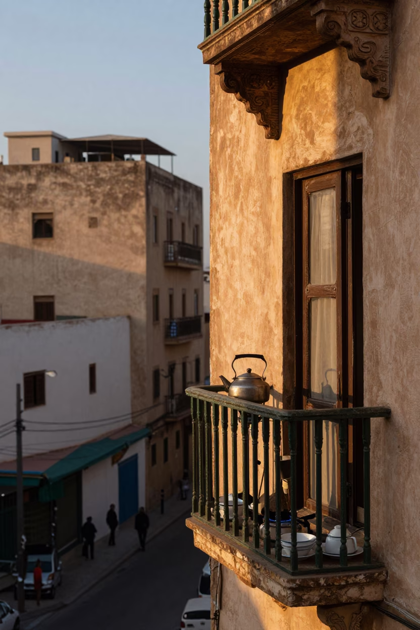 Casablanca Morocco Dawn Street Scene with Stovetop Kettle and Saucers on Balcony in in Casablanca, Morocco