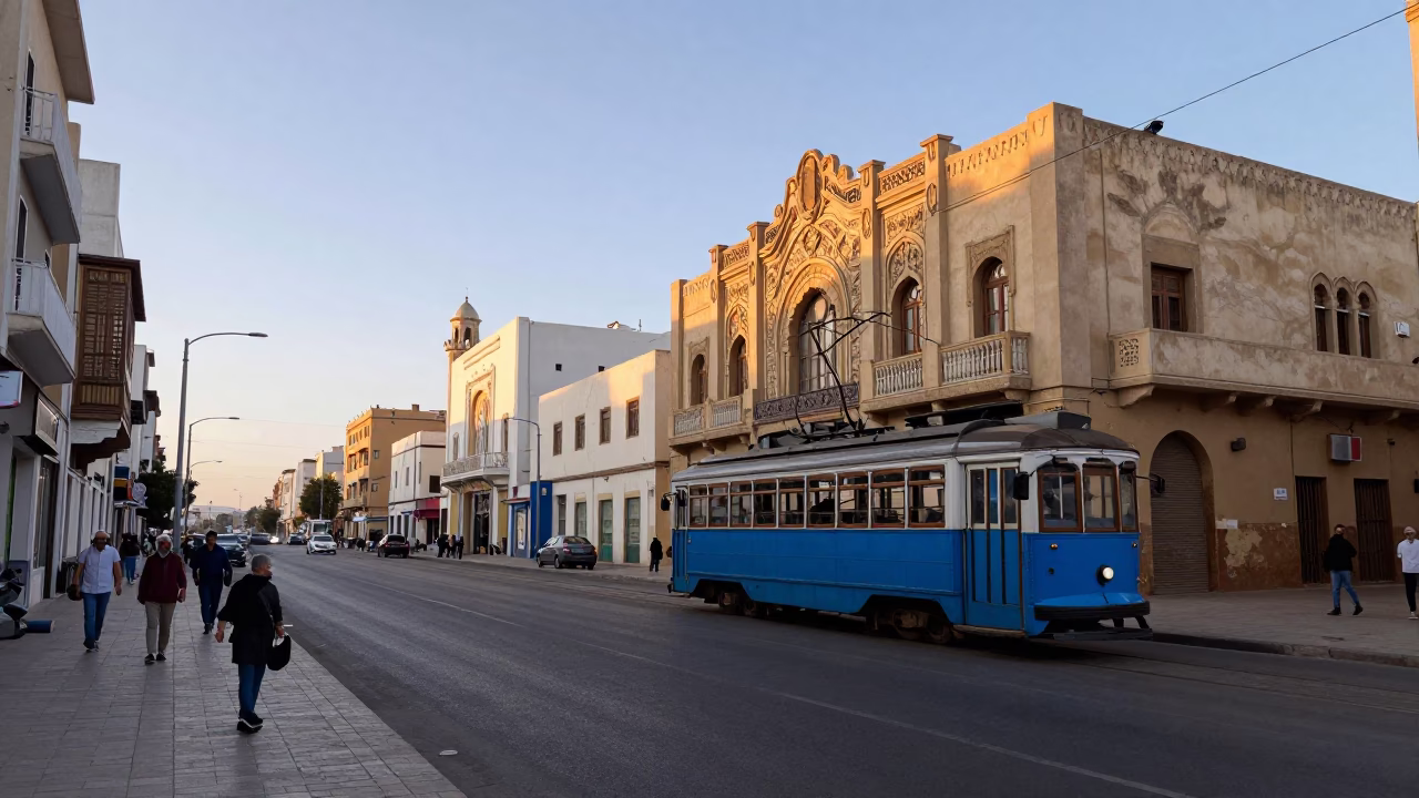 Casablanca Morocco Dawn Street Scene with Tram and Art Nouveau Architecture in in Casablanca, Morocco