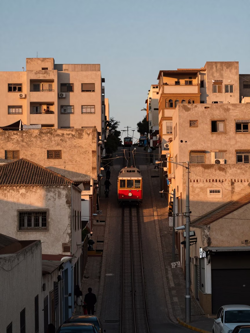 Casablanca Morocco Dawn Street Scene with Vintage Funicular and Urban Morning Activity in in Casablanca, Morocco