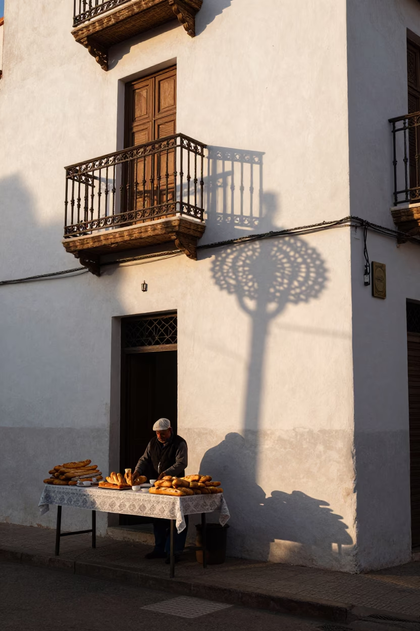 Casablanca Morocco Dawn Street Scene with Wicker Shadow and Coffee in in Casablanca, Morocco