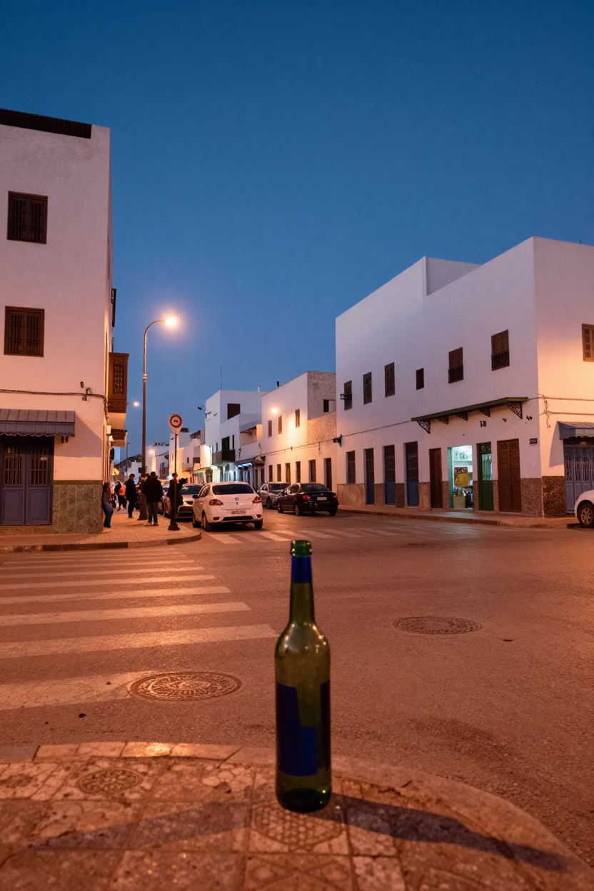 Casablanca Morocco Dusk Street Scene with Colored Glass Bottle and Urban Architecture in in Casablanca, Morocco