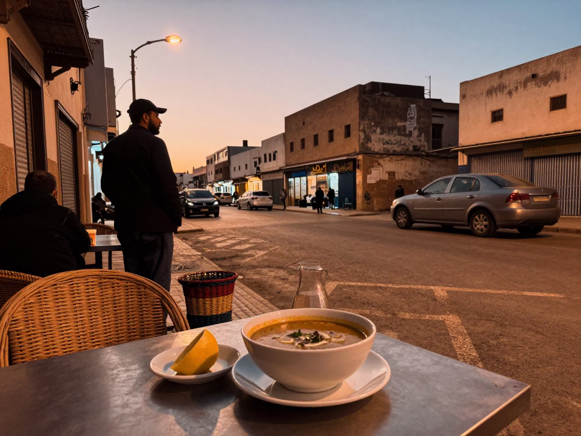Casablanca Morocco Dusk Street Scene with Harira Soup and Wicker Shadow in in Casablanca, Morocco