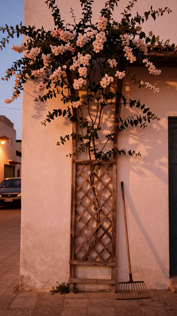 Casablanca Morocco Dusk Street Scene with Trellis and Garden Rake in in Casablanca, Morocco