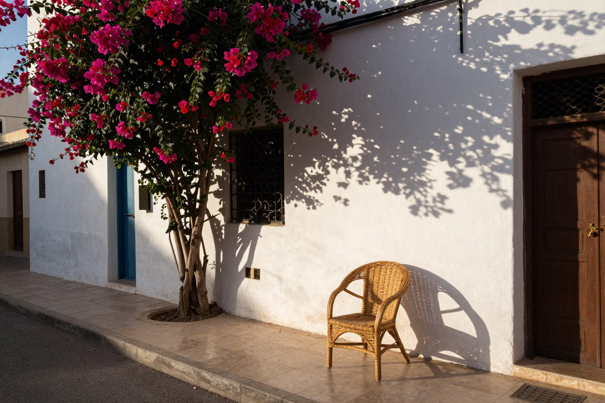 Casablanca Morocco Early Afternoon Street Scene with Bougainvillea and Wicker Shadows in in Casablanca, Morocco