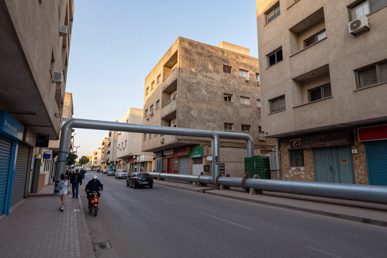 Casablanca Morocco Early Afternoon Street Scene with District Heating Pipes Between Apartment Blocks in in Casablanca, Morocco