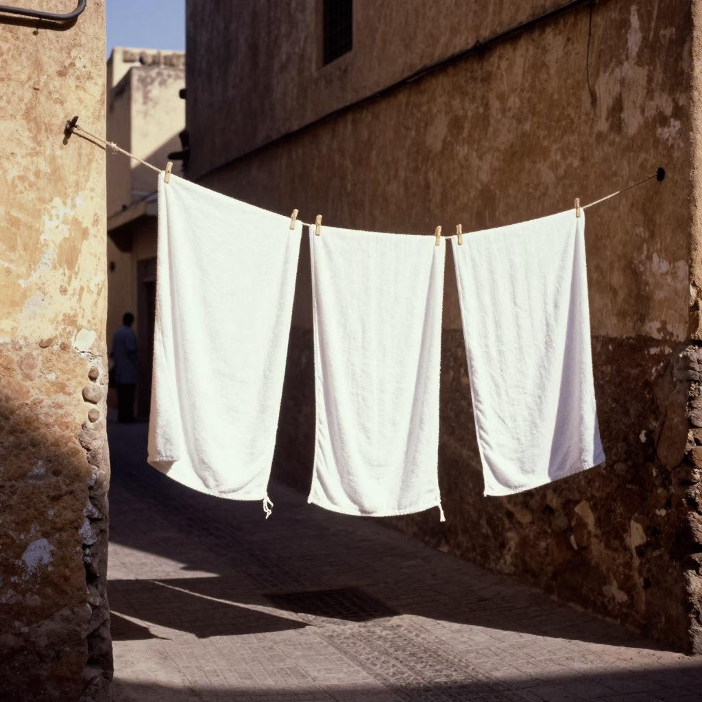Casablanca Morocco Early Afternoon Street Scene with Drying Towels in in Casablanca, Morocco