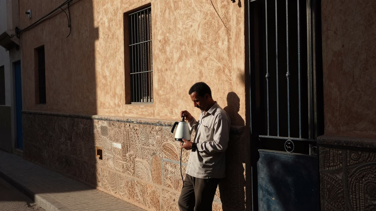 Casablanca Morocco Early Afternoon Street Scene with Electric Kettle and Geraniums in in Casablanca, Morocco
