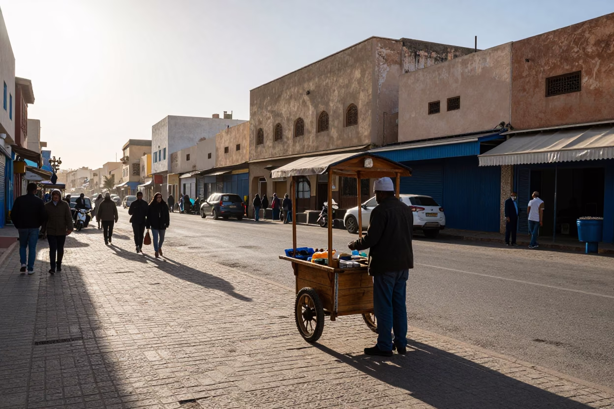 Casablanca Morocco Early Afternoon Street Scene with Local Commerce and Urban Life in in Casablanca, Morocco