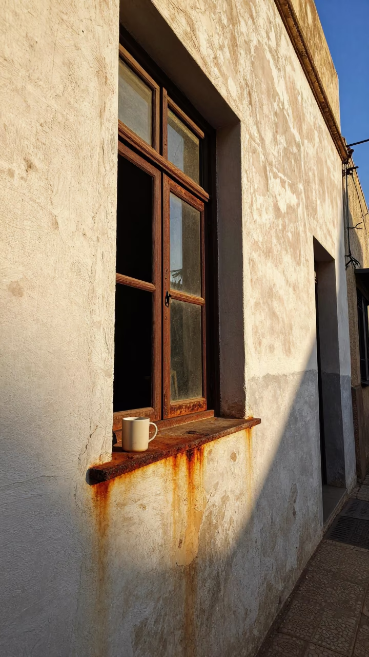 Casablanca Morocco Early Afternoon Street Scene with Rusty Window Sill and Ceramic Mug in in Casablanca, Morocco