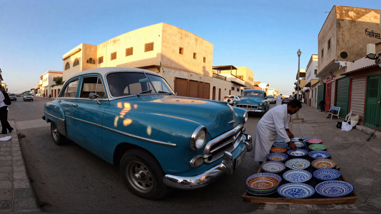 Casablanca Morocco Early Afternoon Street Scene with Vintage Car and Local Market Activity in in Casablanca, Morocco