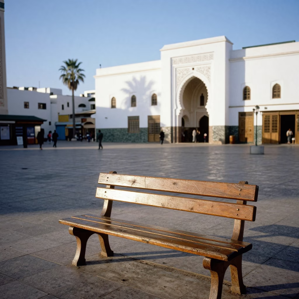 Casablanca Morocco Early Afternoon Street Scene with Wooden Bench Scratches and Local Life in in Casablanca, Morocco