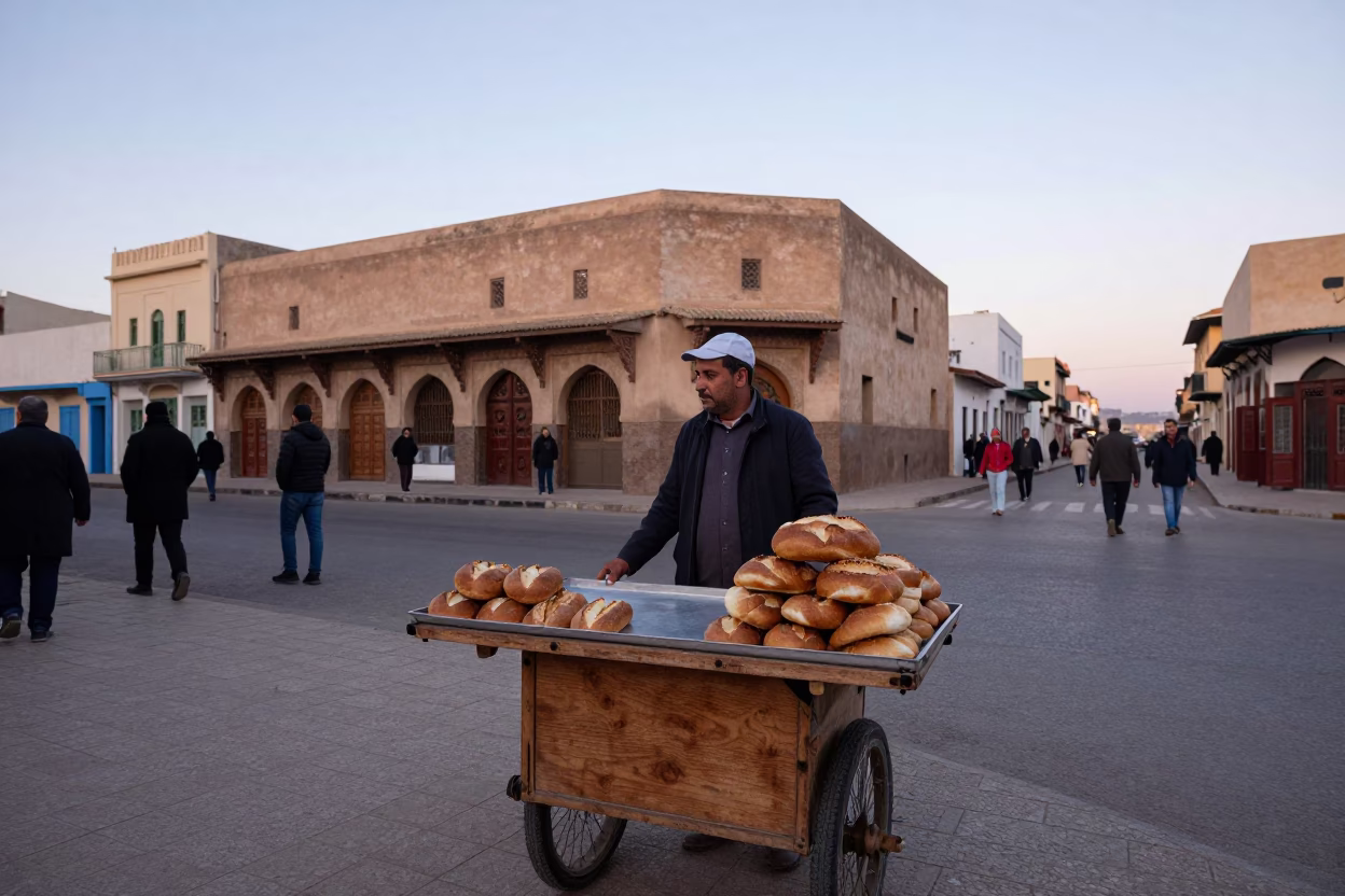 Casablanca Morocco Early Evening Street Scene with Bread Loaves and Rooftop Water Tower in in Casablanca, Morocco