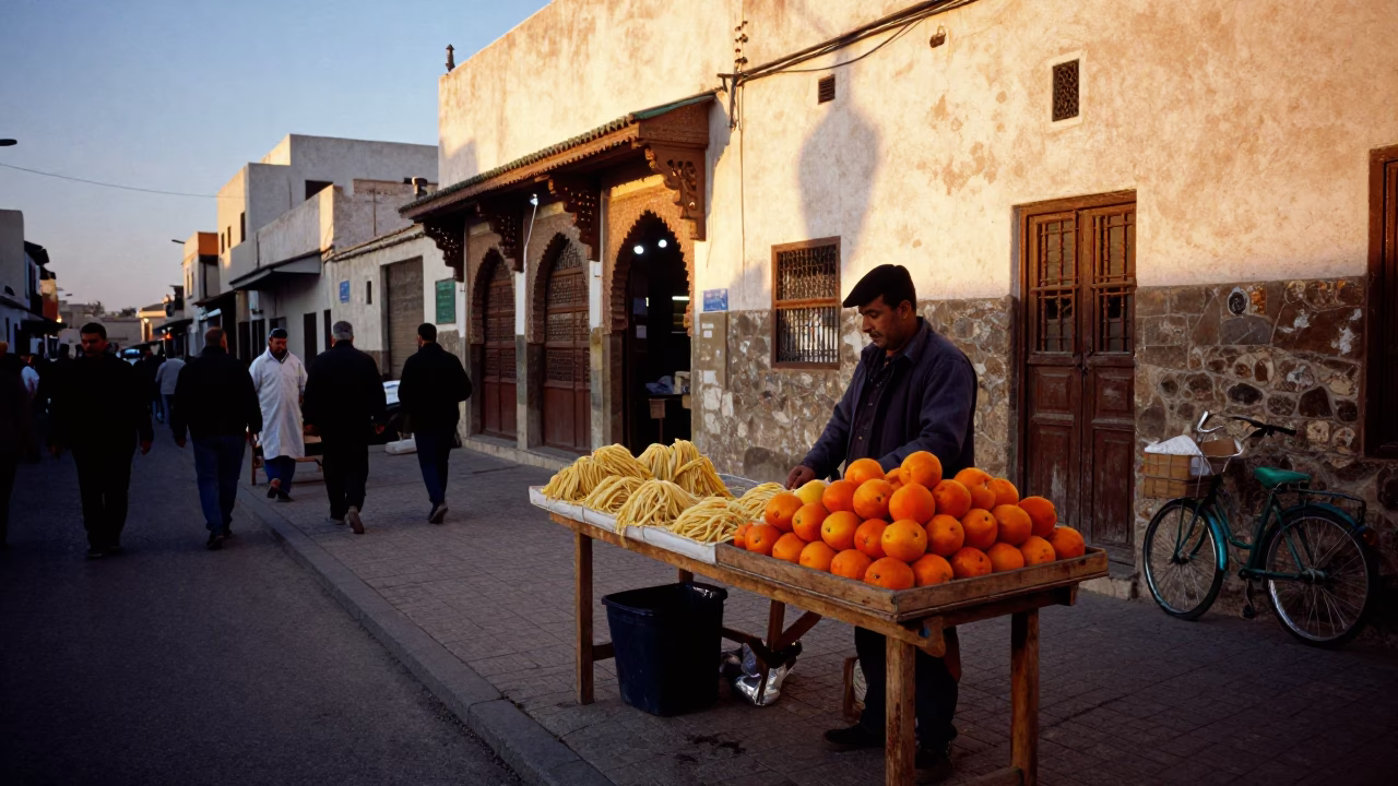 Casablanca Morocco Early Evening Street Scene with Fresh Pasta and Nectarines in in Casablanca, Morocco