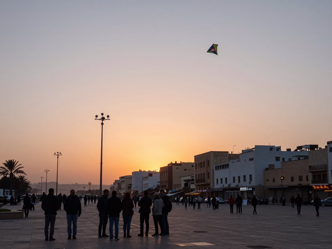 Casablanca Morocco Early Evening Street Scene with Kites and Urban Skyline in in Casablanca, Morocco