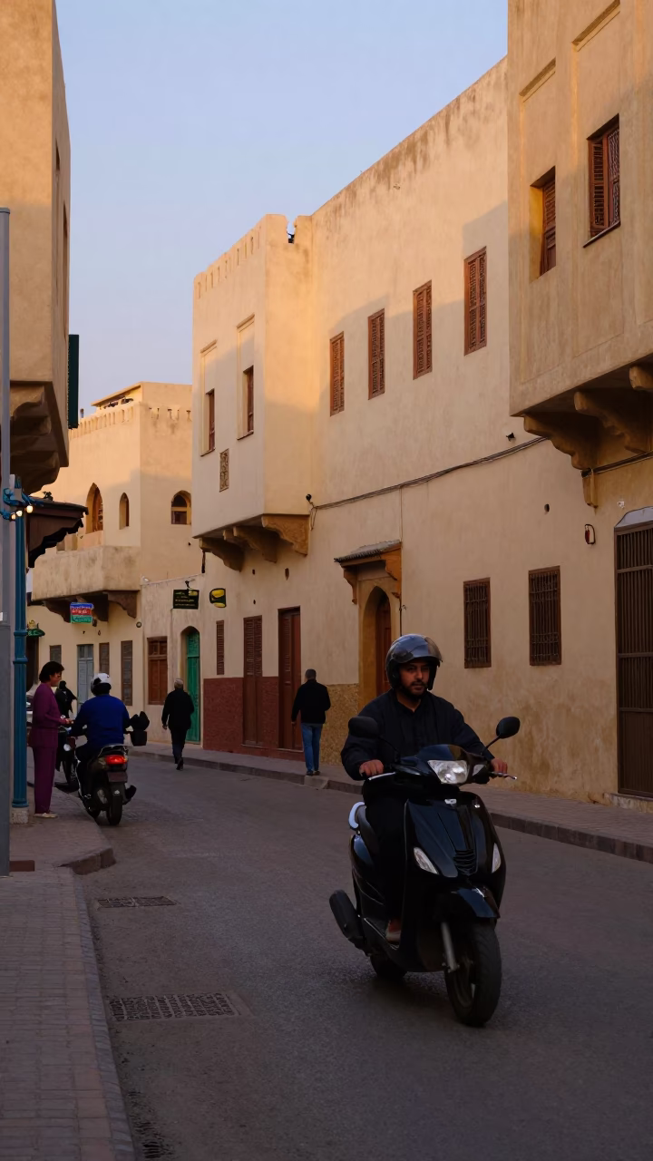 Casablanca Morocco Early Evening Street Scene with Scooter and Traditional Architecture in in Casablanca, Morocco
