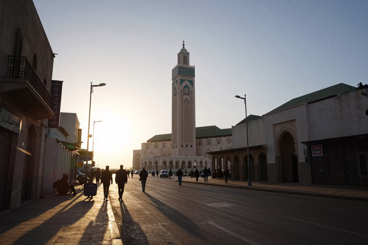 Casablanca Morocco Early Evening Street Scene with Sunlight and Local Life in in Casablanca, Morocco