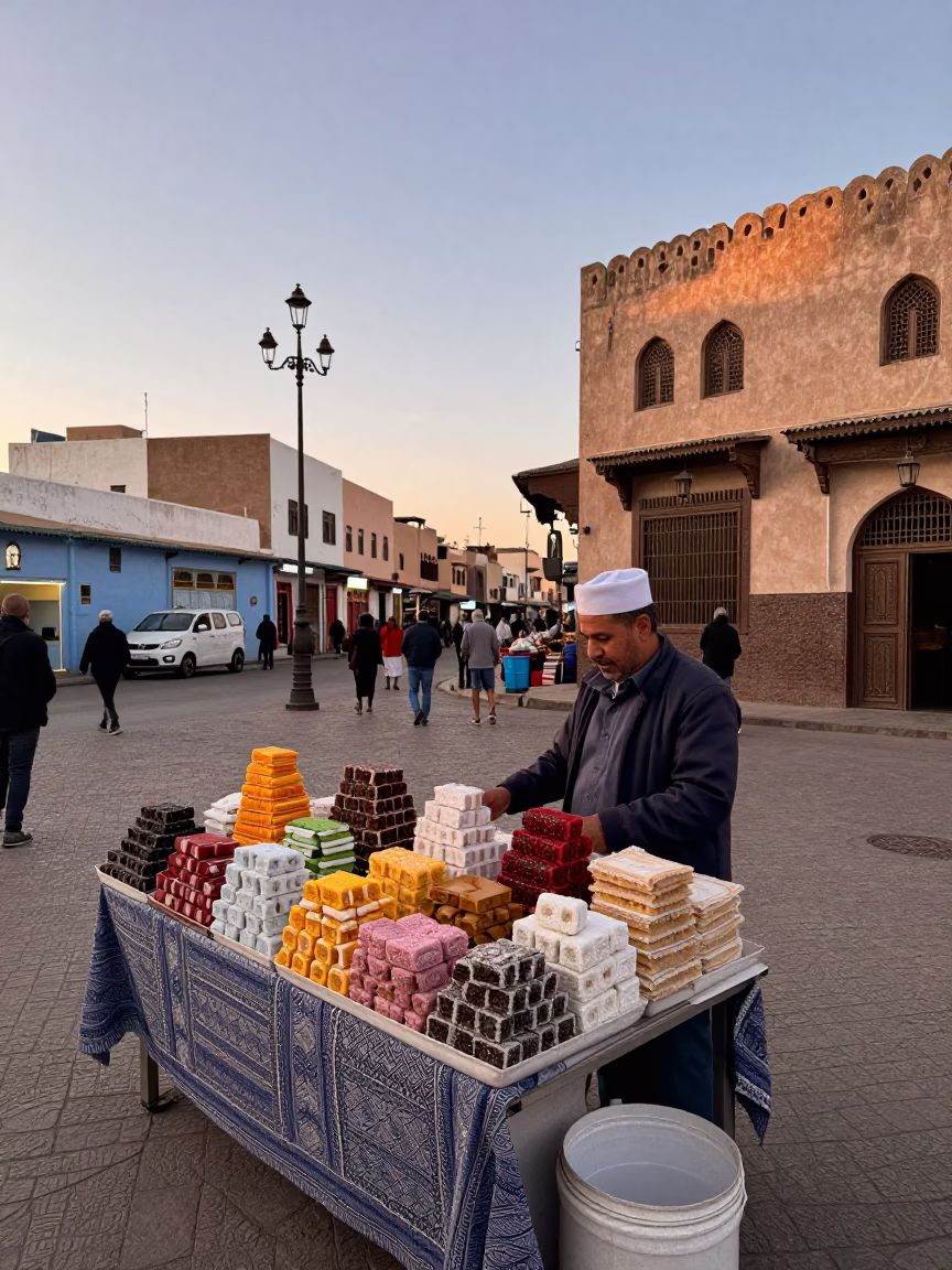 Casablanca Morocco Early Evening Street Scene with Traditional Sweets and Local Life in in Casablanca, Morocco
