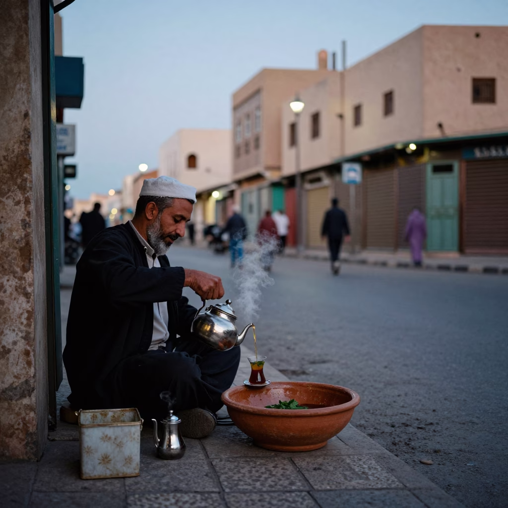 Casablanca Morocco Early Evening Street Scene with Traditional Tea and Urban Background in in Casablanca, Morocco