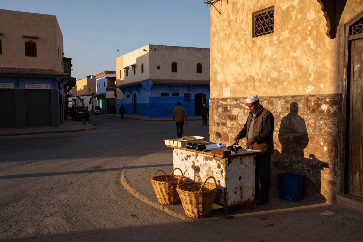 Casablanca Morocco Early Evening Street Scene with Wicker Basket and Local Life in in Casablanca, Morocco