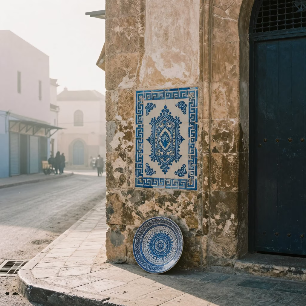 Casablanca Morocco Early Morning Street Scene with Vintage Majolica Plate and Drinking Vessel in in Casablanca, Morocco