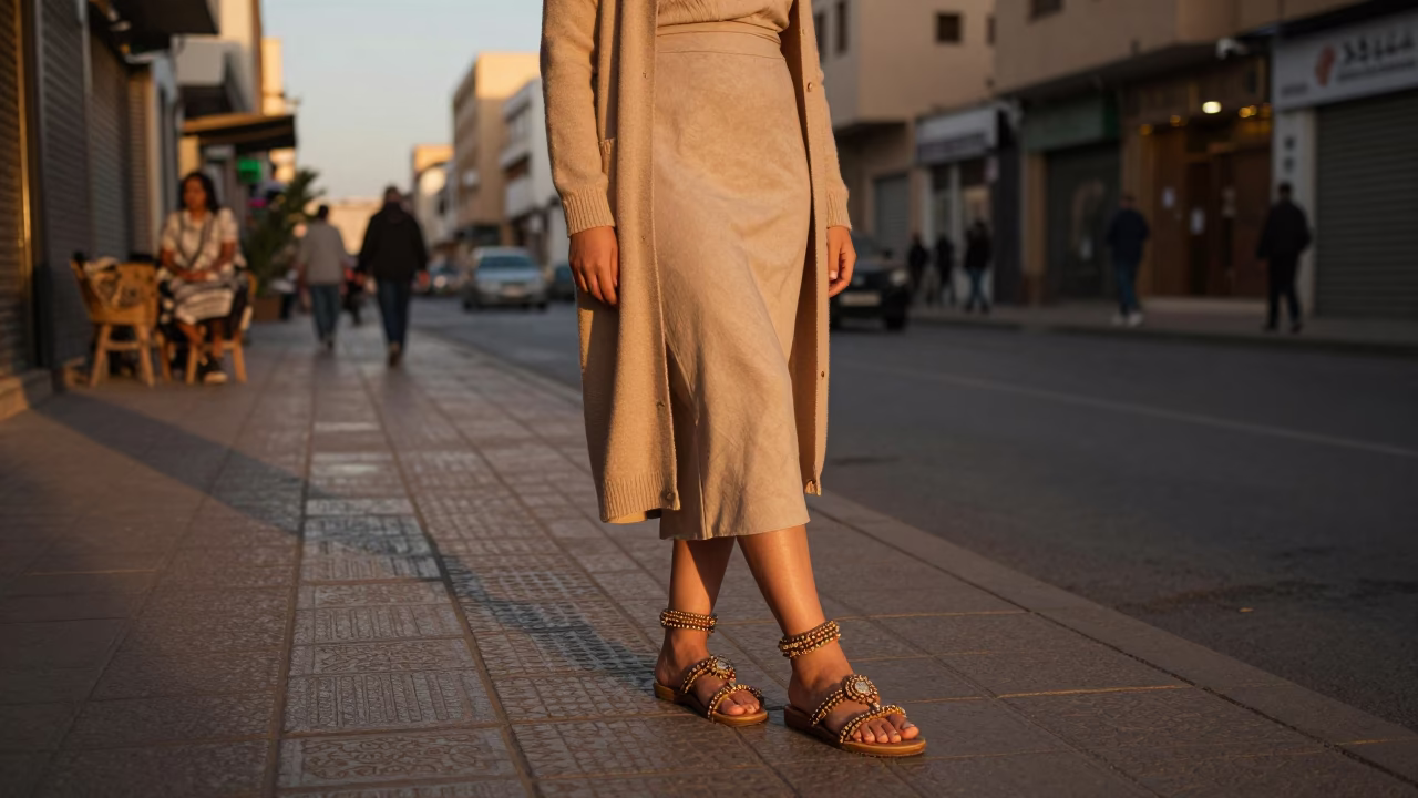 Casablanca Morocco Evening Street Fashion Beaded Sandals and Cardigans Honeyed Light in in Casablanca, Morocco
