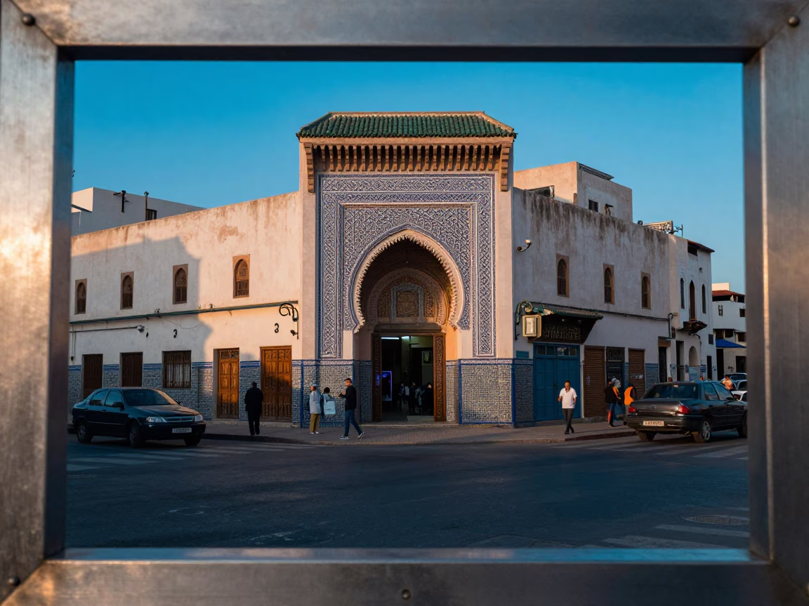 Casablanca Morocco Evening Street Scene with Brushed Steel Frame and Local Architecture in in Casablanca, Morocco