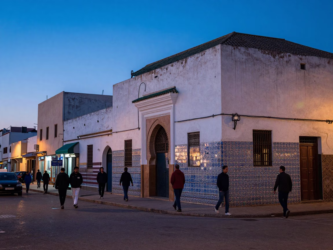 Casablanca Morocco Evening Street Scene with Ceramic Tiles and Tin Box in in Casablanca, Morocco