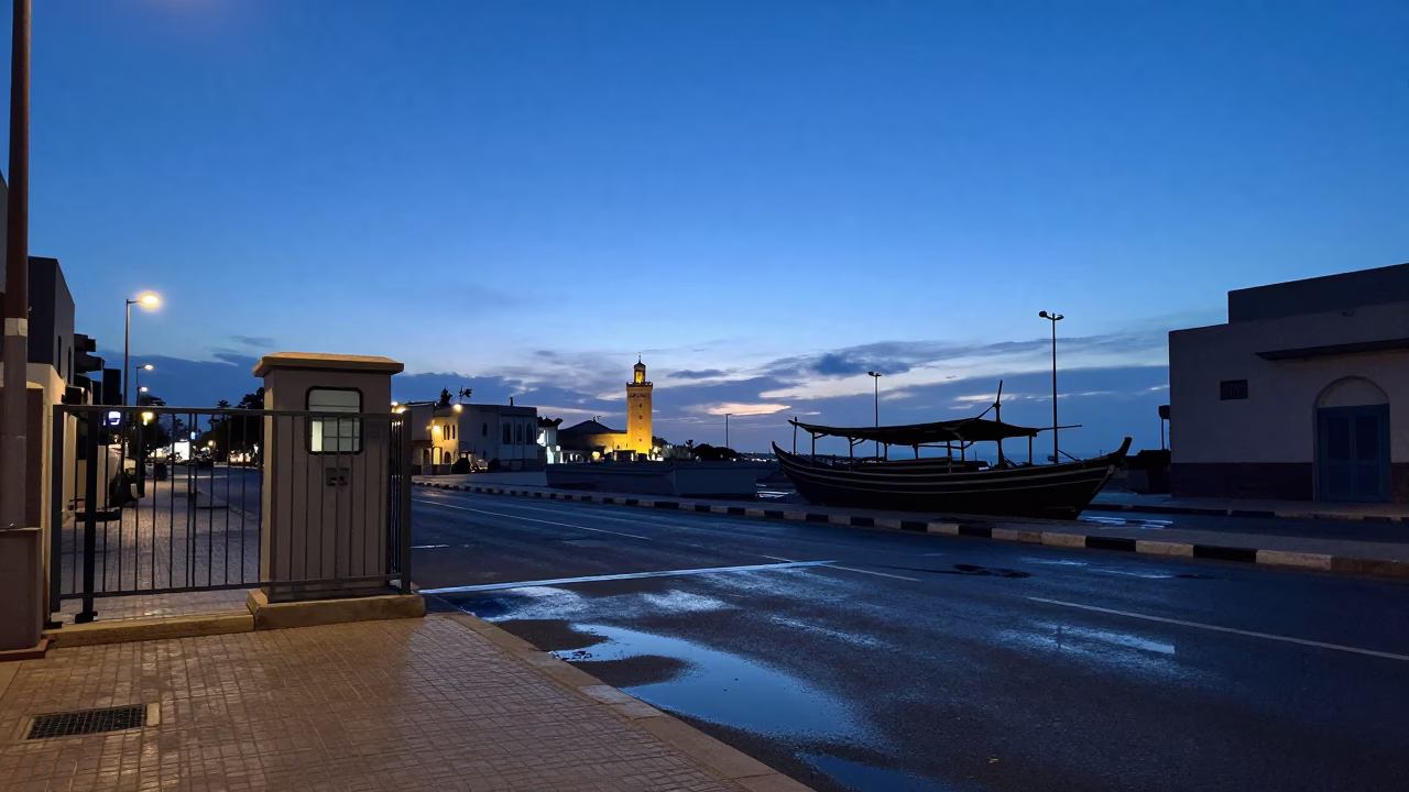 Casablanca Morocco Evening Street Scene with Dhow Silhouette and Substation Puddle Reflection in in Casablanca, Morocco