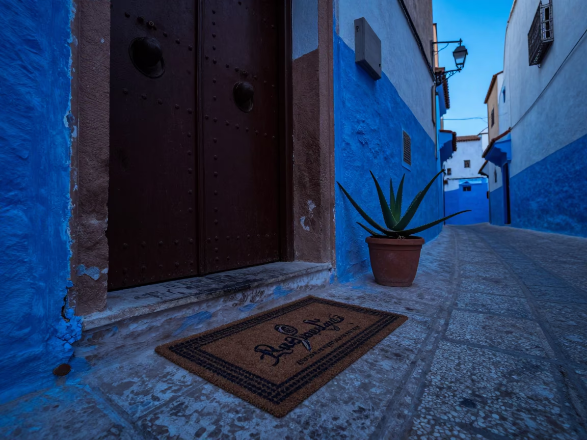 Casablanca Morocco Evening Street Scene with Doormat and Aloe Vera Plant in in Casablanca, Morocco