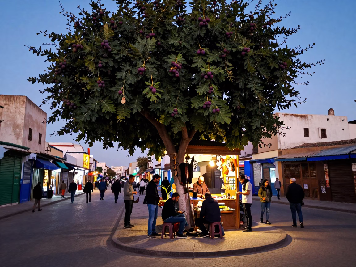 Casablanca Morocco Evening Street Scene with Fig Tree and Tailor Shears in in Casablanca, Morocco