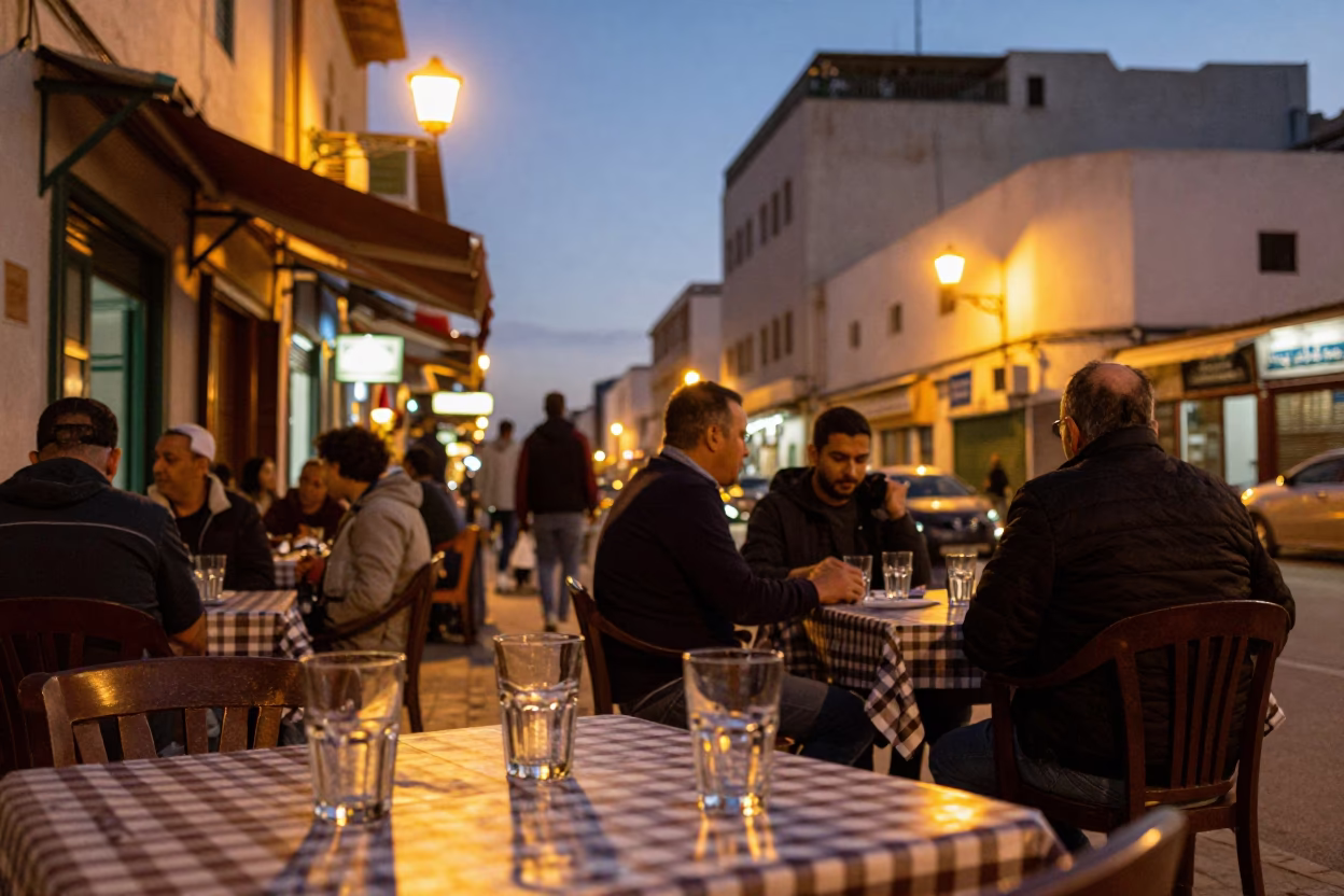 Casablanca Morocco Evening Street Scene with Glassware and Local Life in in Casablanca, Morocco