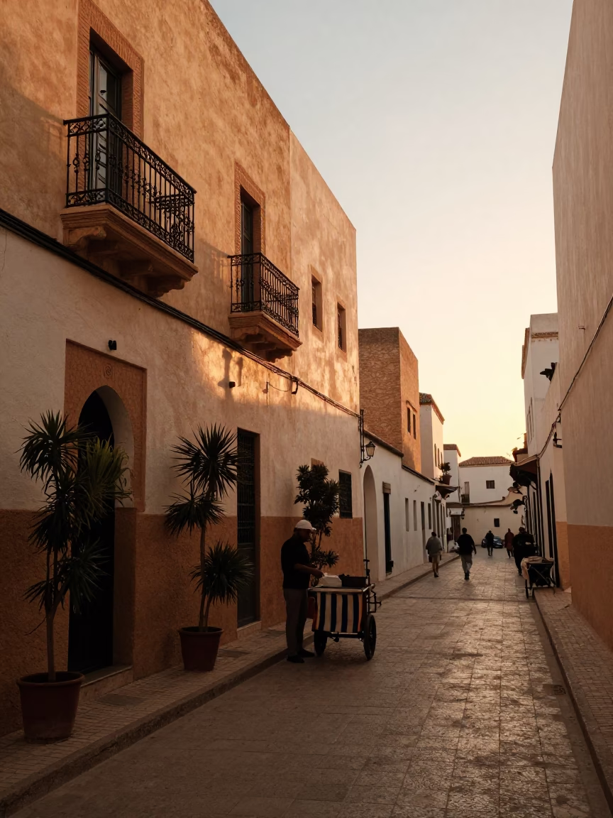 Casablanca Morocco Evening Street Scene with Houseplants and Striped Towel in in Casablanca, Morocco