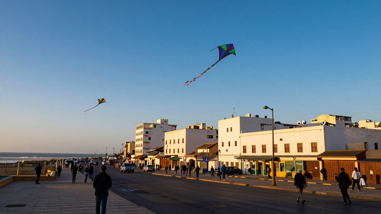 Casablanca Morocco Evening Street Scene with Kites and Urban Life in in Casablanca, Morocco