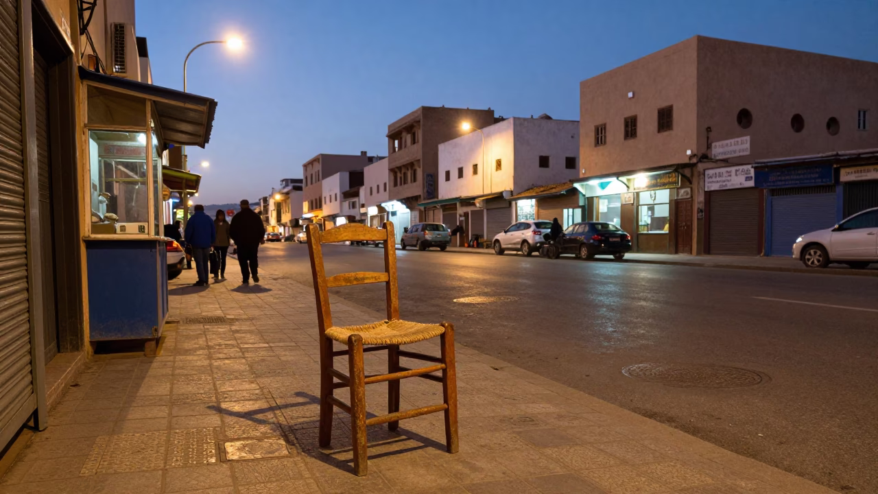Casablanca Morocco Evening Street Scene with Ladder Back Chair and Market Goods in in Casablanca, Morocco