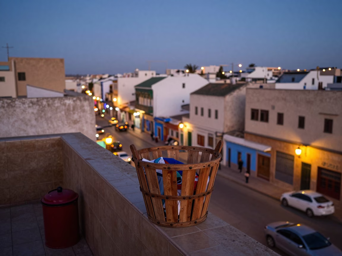 Casablanca Morocco Evening Street Scene with Laundry Basket and Canisters in in Casablanca, Morocco