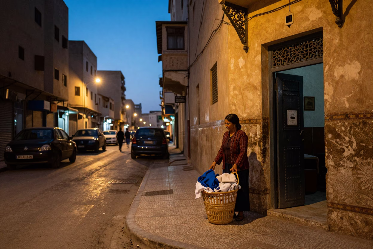 Casablanca Morocco Evening Street Scene with Laundry Basket and Urban Life in in Casablanca, Morocco