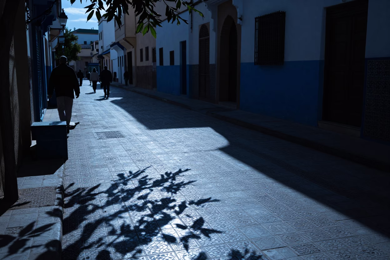 Casablanca Morocco Evening Street Scene with Leaf Shadows on Tile and Local Life in in Casablanca, Morocco