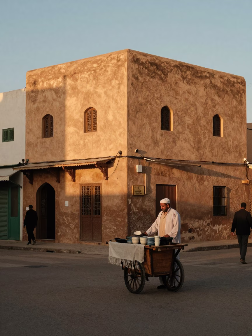 Casablanca Morocco Evening Street Scene with Linen Fringe and Local Life in in Casablanca, Morocco