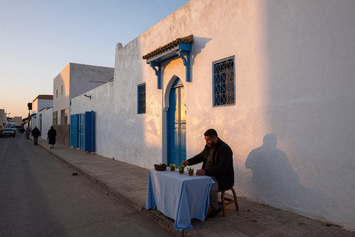 Casablanca Morocco Evening Street Scene with Local Tea Service and Traditional Architecture in in Casablanca, Morocco