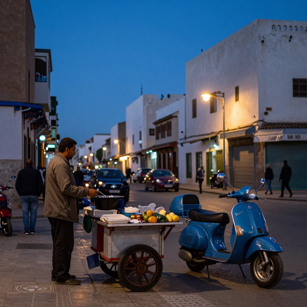 Casablanca Morocco Evening Street Scene with Local Vendor and Vespa Reflection in in Casablanca, Morocco