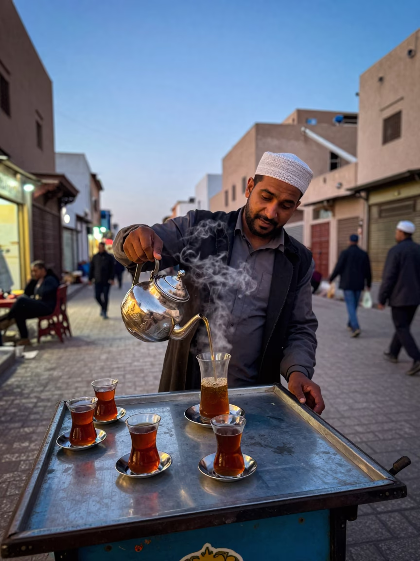 Casablanca Morocco Evening Street Scene with Mint Tea and Glass Carafe in in Casablanca, Morocco