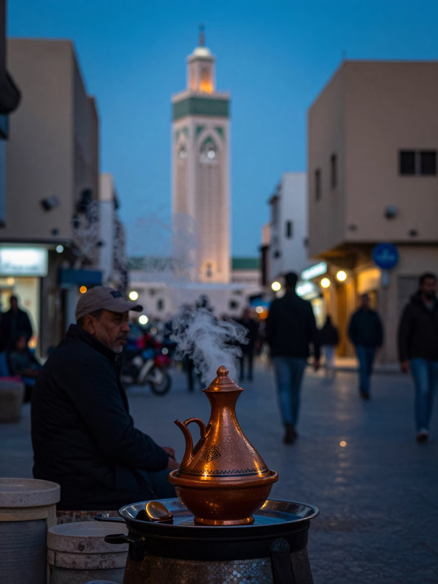 Casablanca Morocco Evening Street Scene with Moroccan Tagate and Urban Architecture in in Casablanca, Morocco