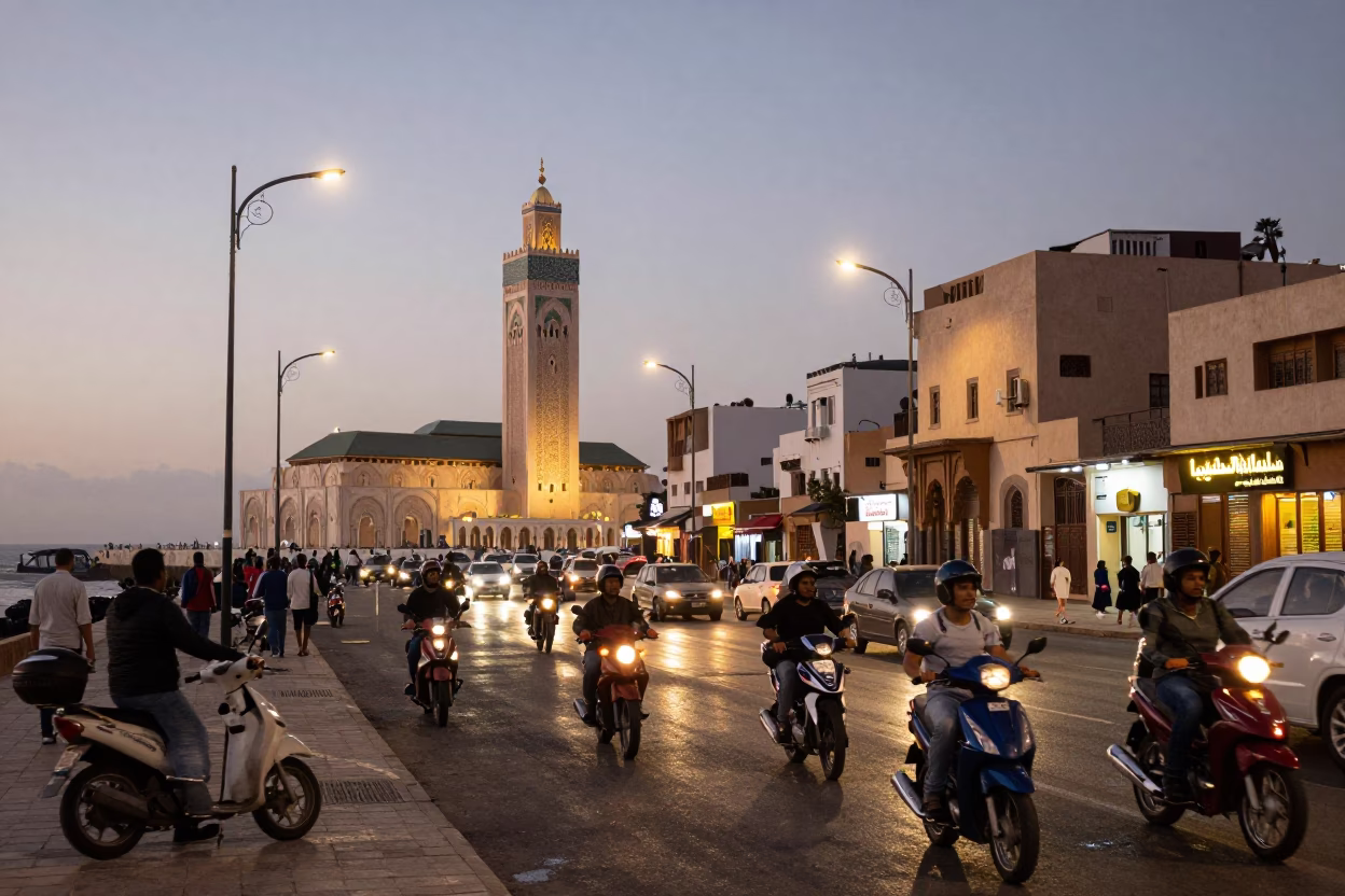 Casablanca Morocco Evening Street Scene with Motorbikes and Traditional Architecture at Dusk in in Casablanca, Morocco